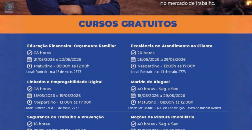 Funtrab e Senai abrem vagas para cursos gratuitos e fortalecem qualificação profissional no Estado