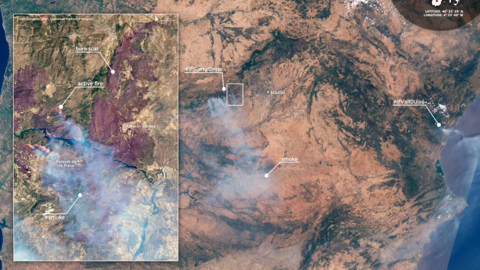 Imagem de satélite revela nuvem de fumaça sobre a Espanha